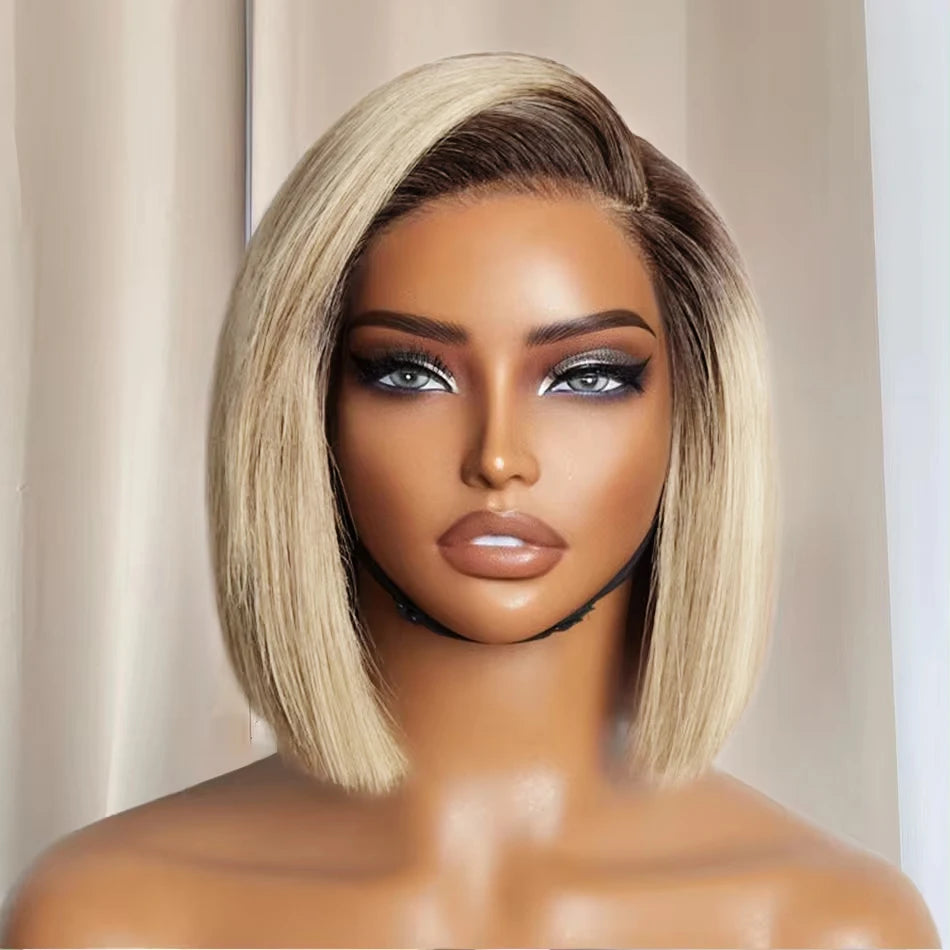 Straight blonde bob hairstyle in real hair