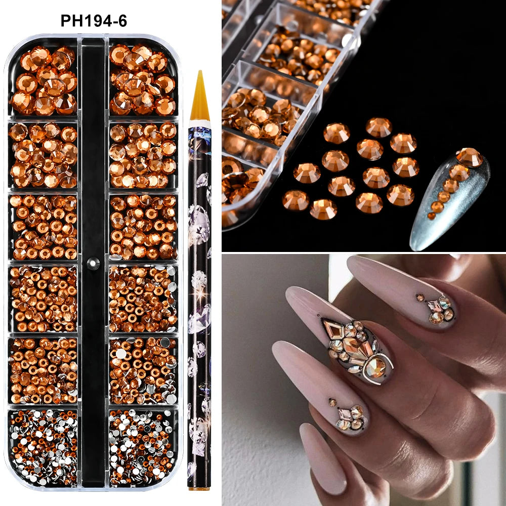 Box with rhinestones of different shapes