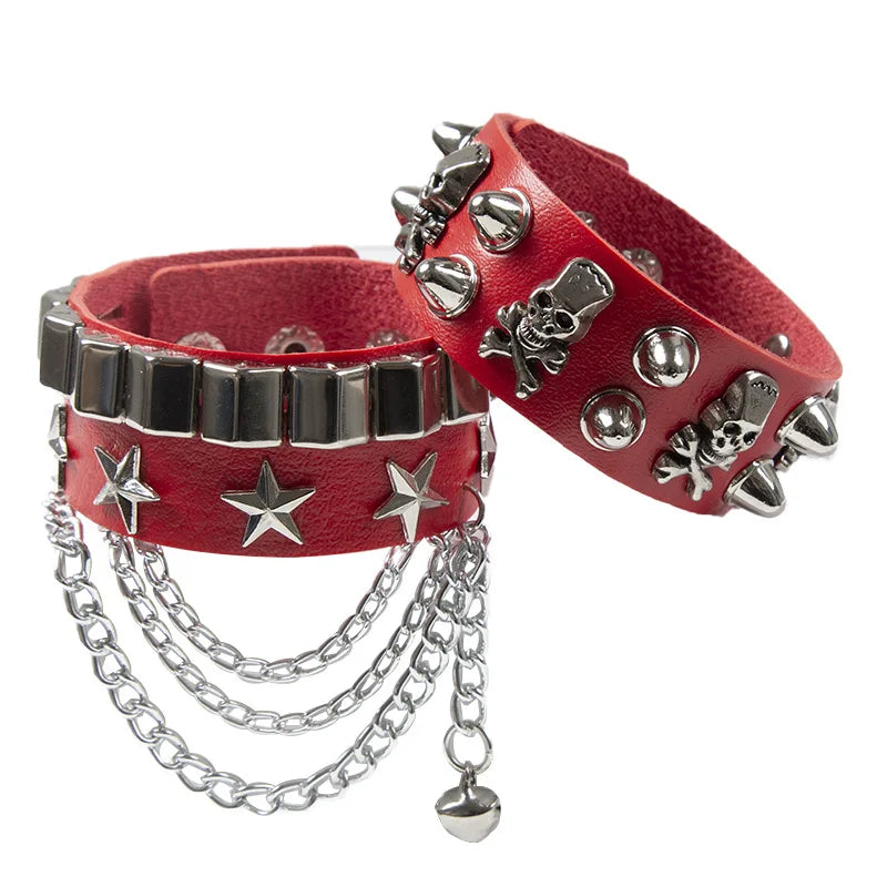 2set armband läder med kedja och nitar döskalle