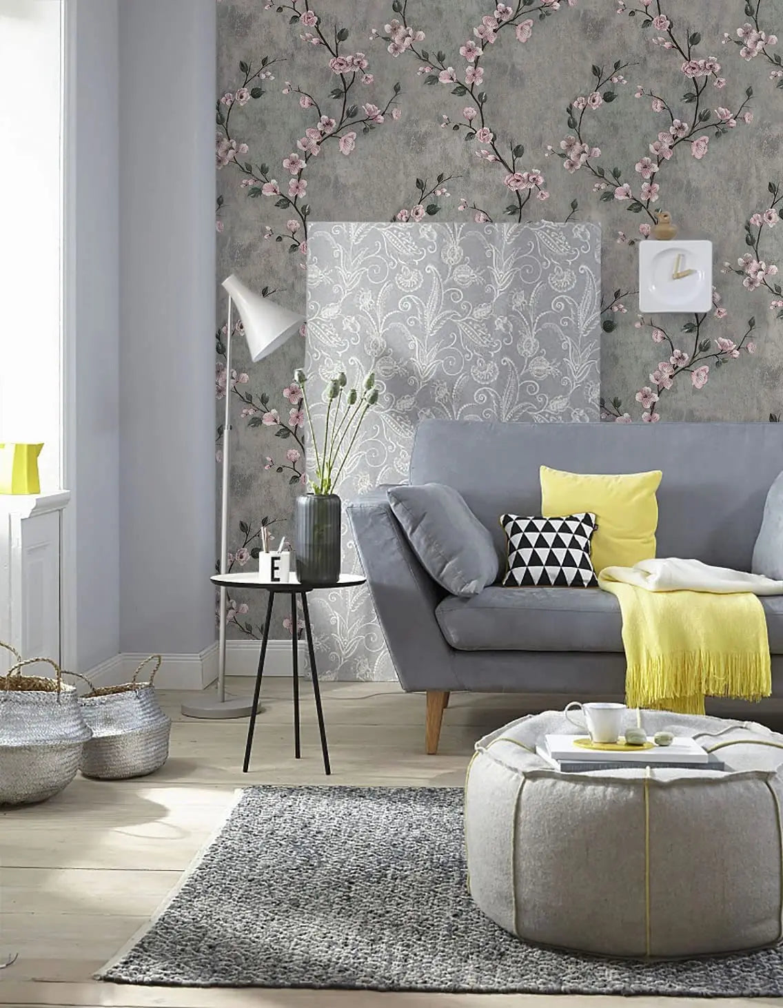 Självhäftande tapet grå med blommor