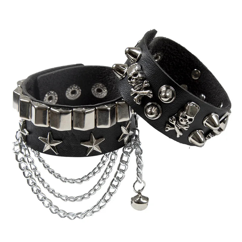 2set armband läder med kedja och nitar döskalle