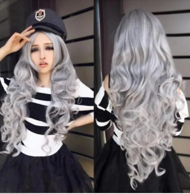 Wig long curly gray hair