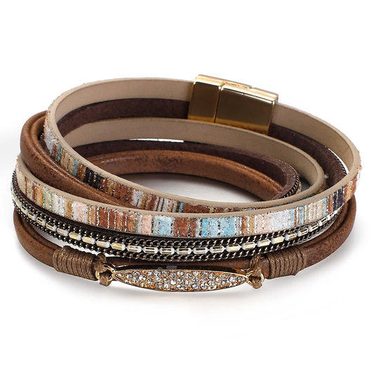 Randigt läder armband med strass länk