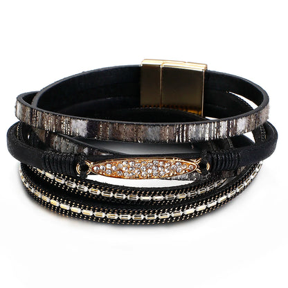 Randigt läder armband med strass länk