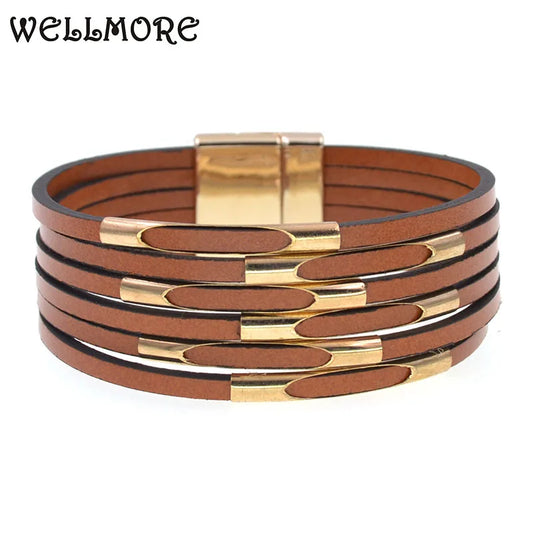 Läderarmband med guld metall och snaplock lås