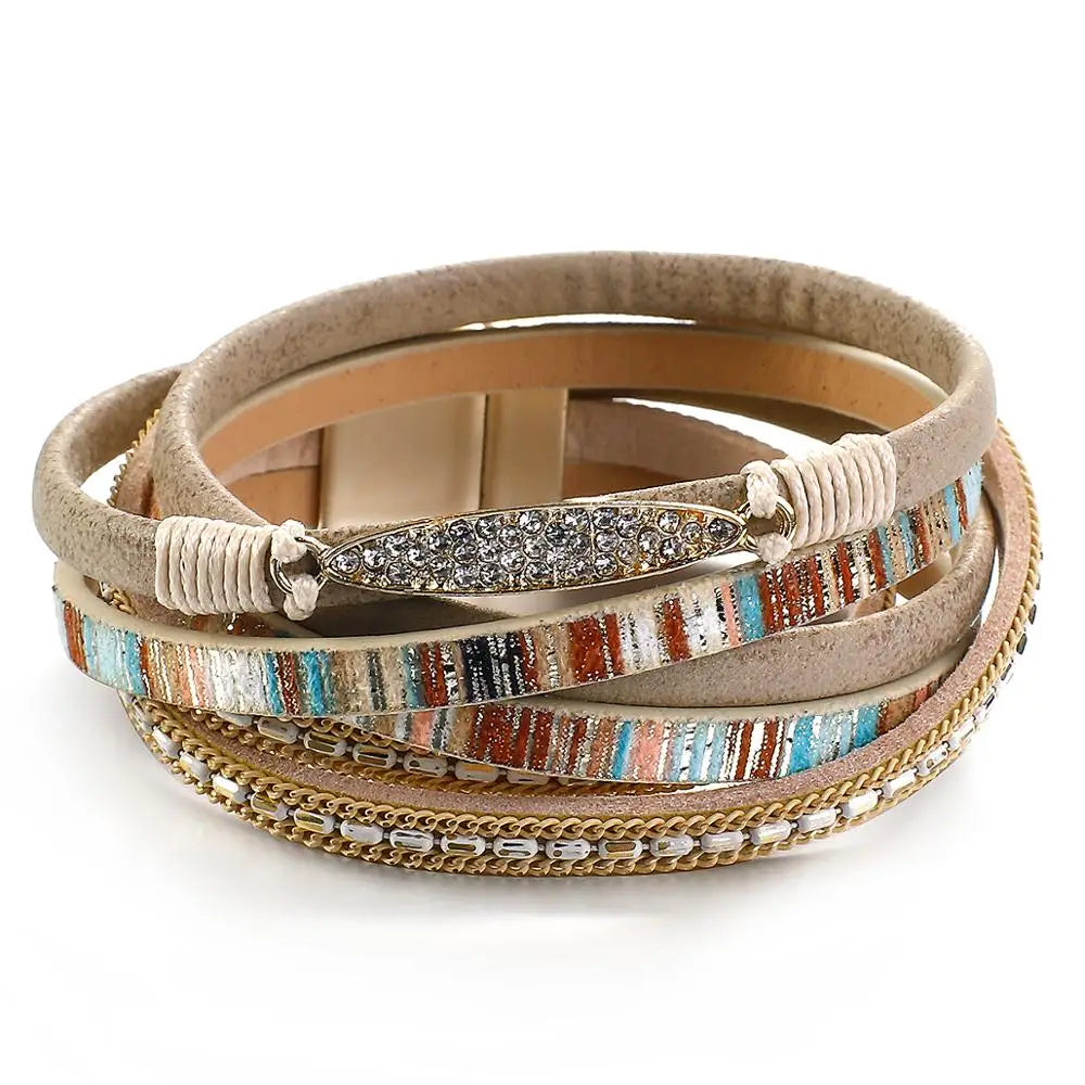 Randigt läder armband med strass länk