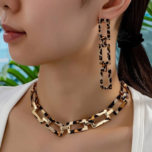Halsband & örhängen länk kedja leopardmönster