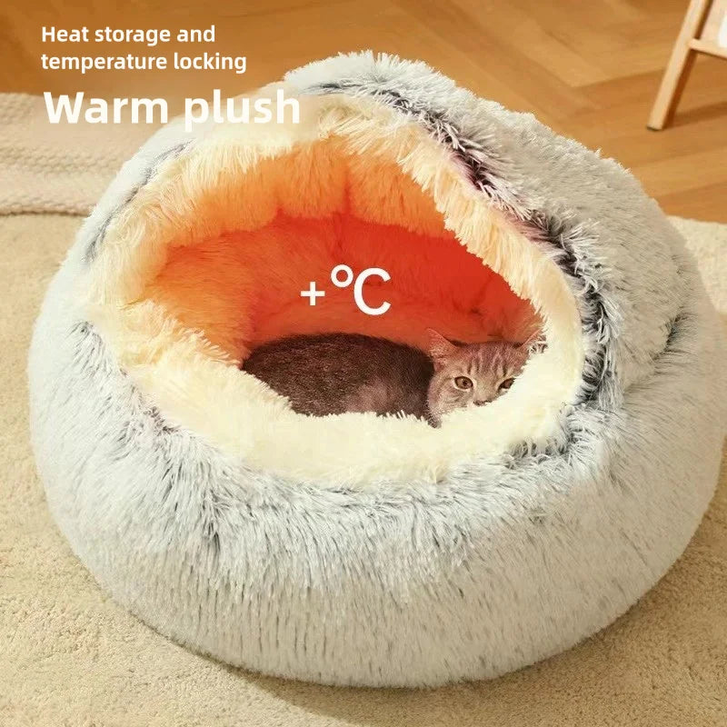En Plysh säng med kryp in för katt eller liten hund