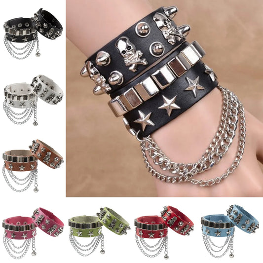 2set armband läder med kedja och nitar döskalle