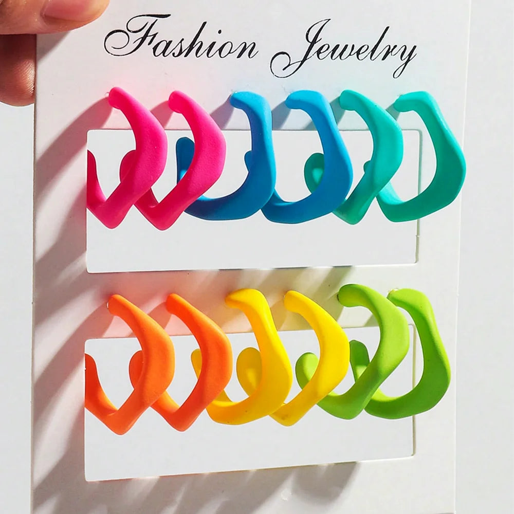 3 pairs set of colorful twisted c-shape earrings
