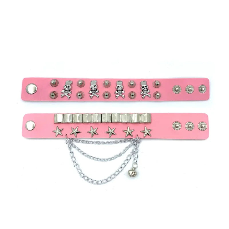 2set armband läder med kedja och nitar döskalle