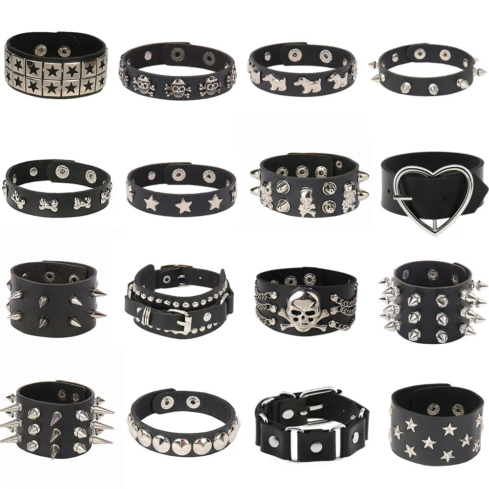 goth punk armband svart läder med nitar i olika motiv