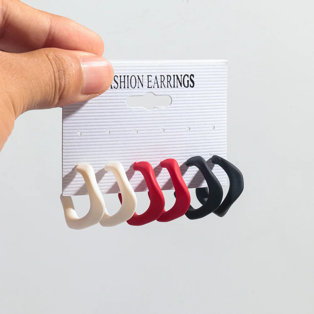 3 pairs set of colorful twisted c-shape earrings