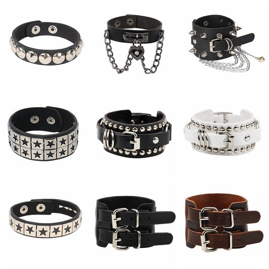 Goth punk läder armband med nitar spänne i olika färger
