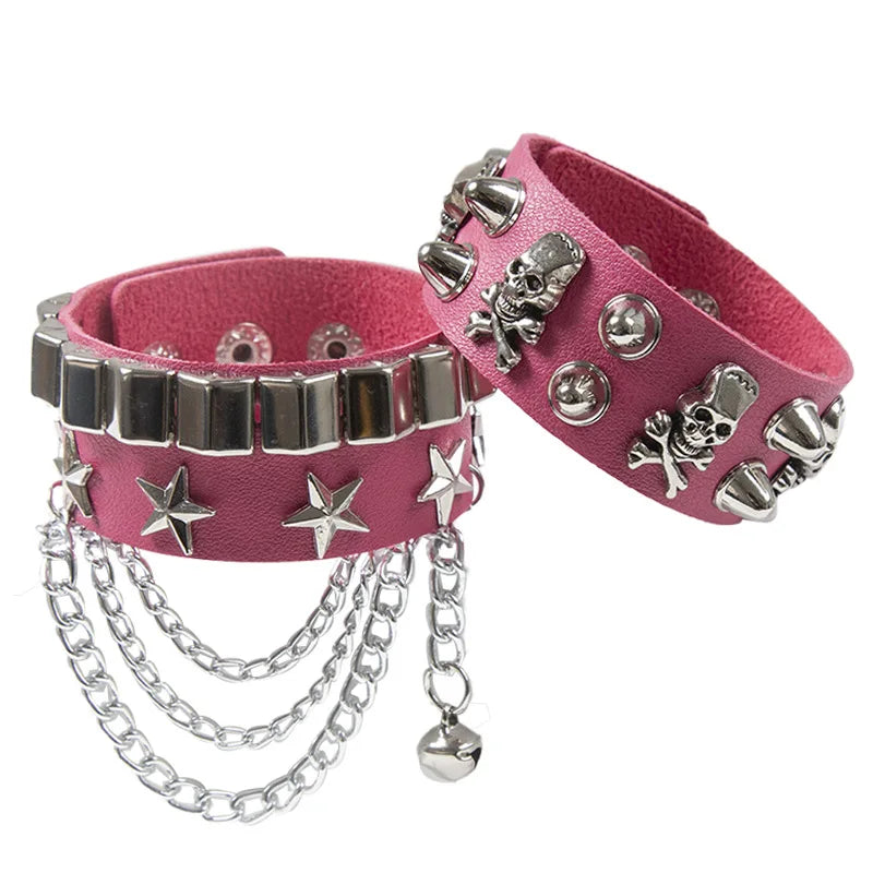 2set armband läder med kedja och nitar döskalle