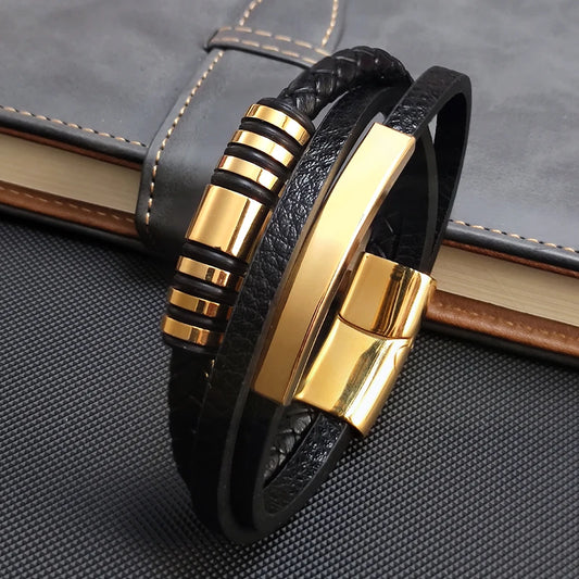 Armband svart läder med guld detaljer