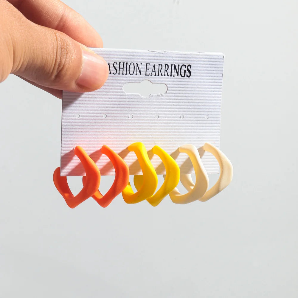 3 pairs set of colorful twisted c-shape earrings