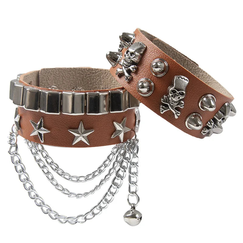 2set armband läder med kedja och nitar döskalle