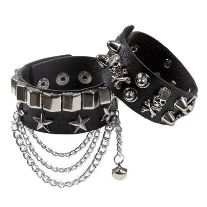 2set armband läder med kedja och nitar döskalle